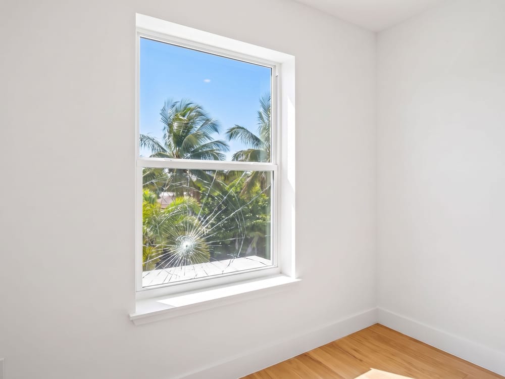 A single-hung window before repair, with a spider-web crack across the lower glass pane from storm impact damage