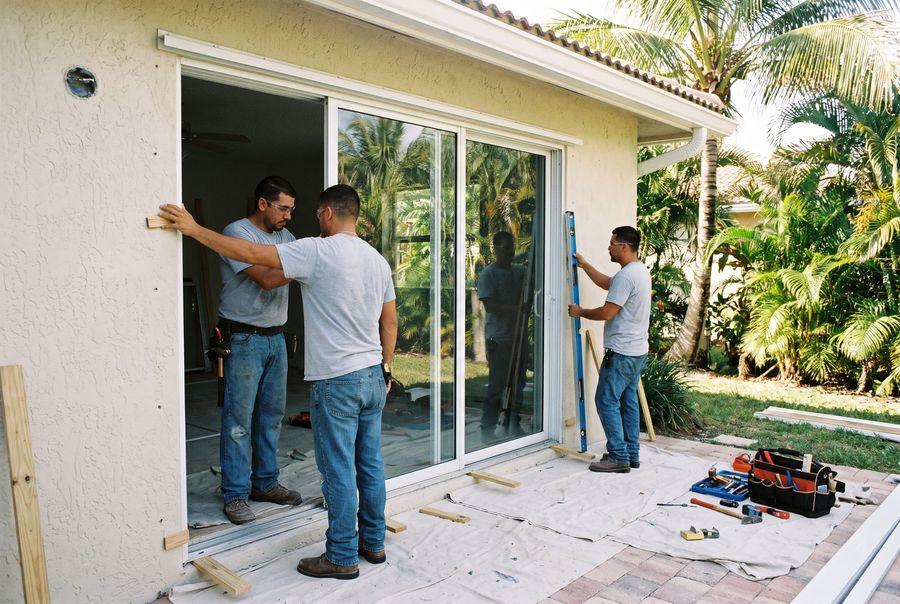 Installation crew fitting a new door and window unit