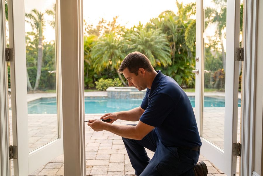 French patio door hardware being repaired