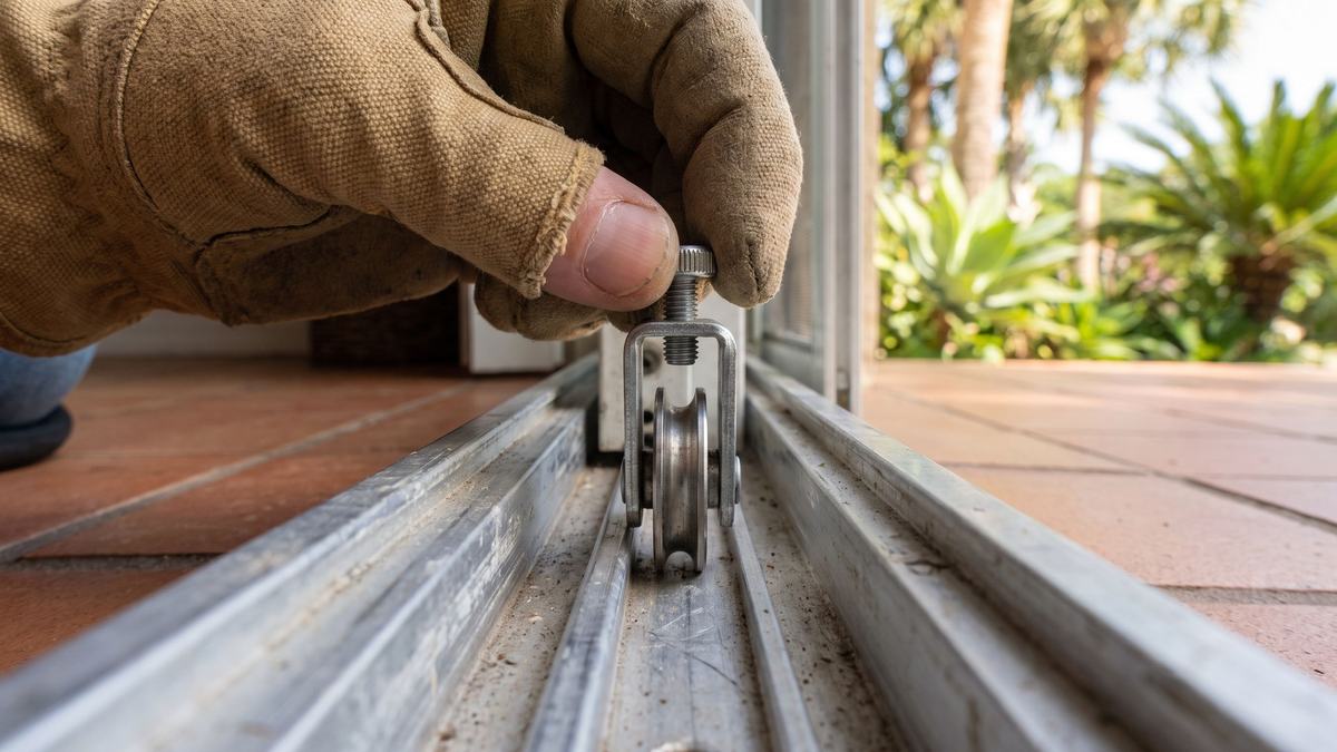 Technician replacing a sliding glass door roller on a South Florida patio