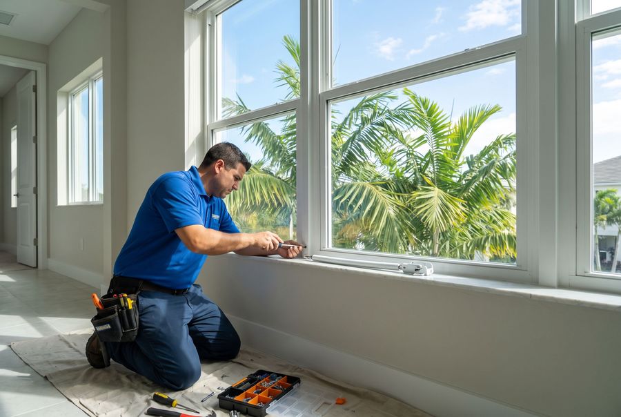 Single hung window hardware being serviced