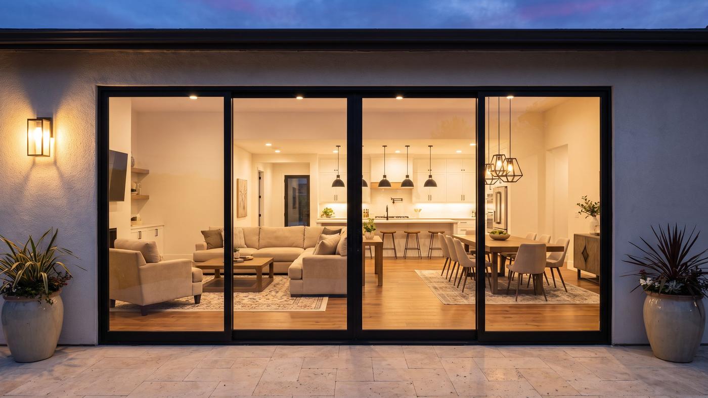 Modern black-framed sliding glass door system opening to an open-concept living and dining space, representative of the finish quality on repair and installation work