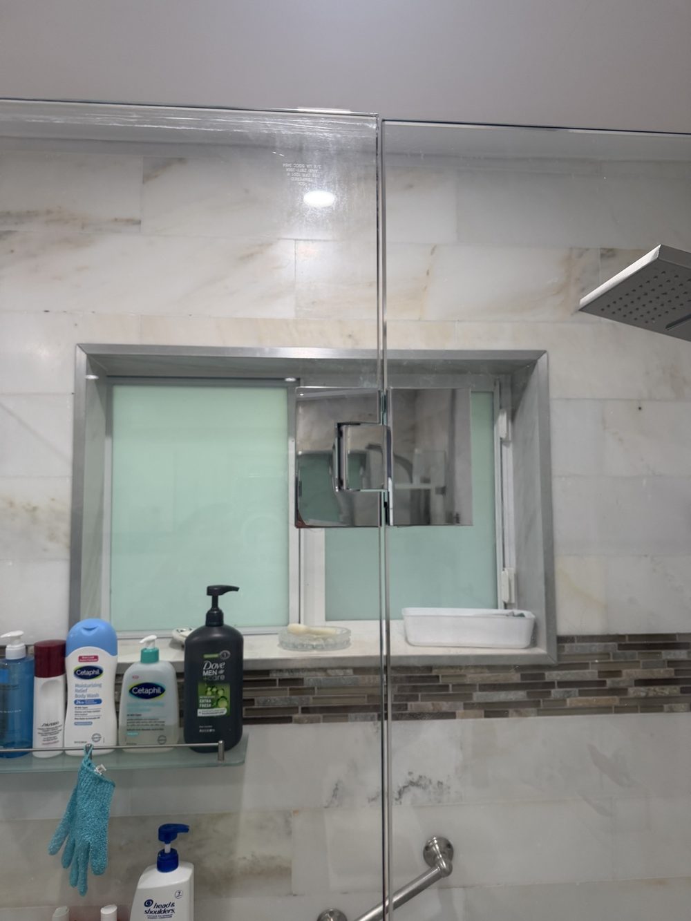 Glass-to-glass hinge on a frameless shower door