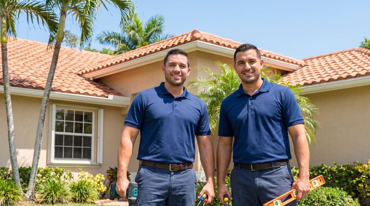 Door and window repair technicians in branded work shirts